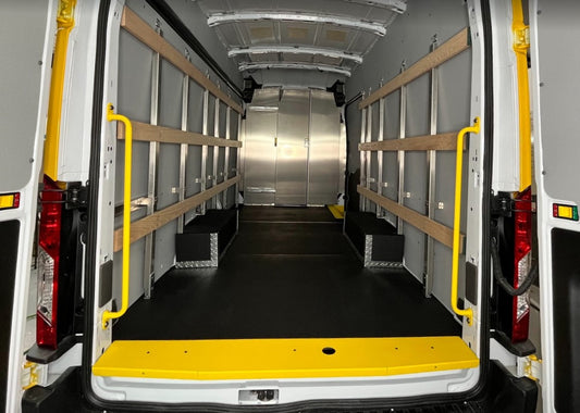 Package delivery van with wood railing and aluminum partition